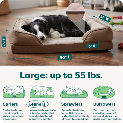 Orthopedic Dog Bed for Large/Medium Dogs W/ Removable Bolsters & Washable Cover, for Dogs up to 55 Lbs - Plush & Velvet Waves Perfect Comfort Sofa - Brownstone, Large